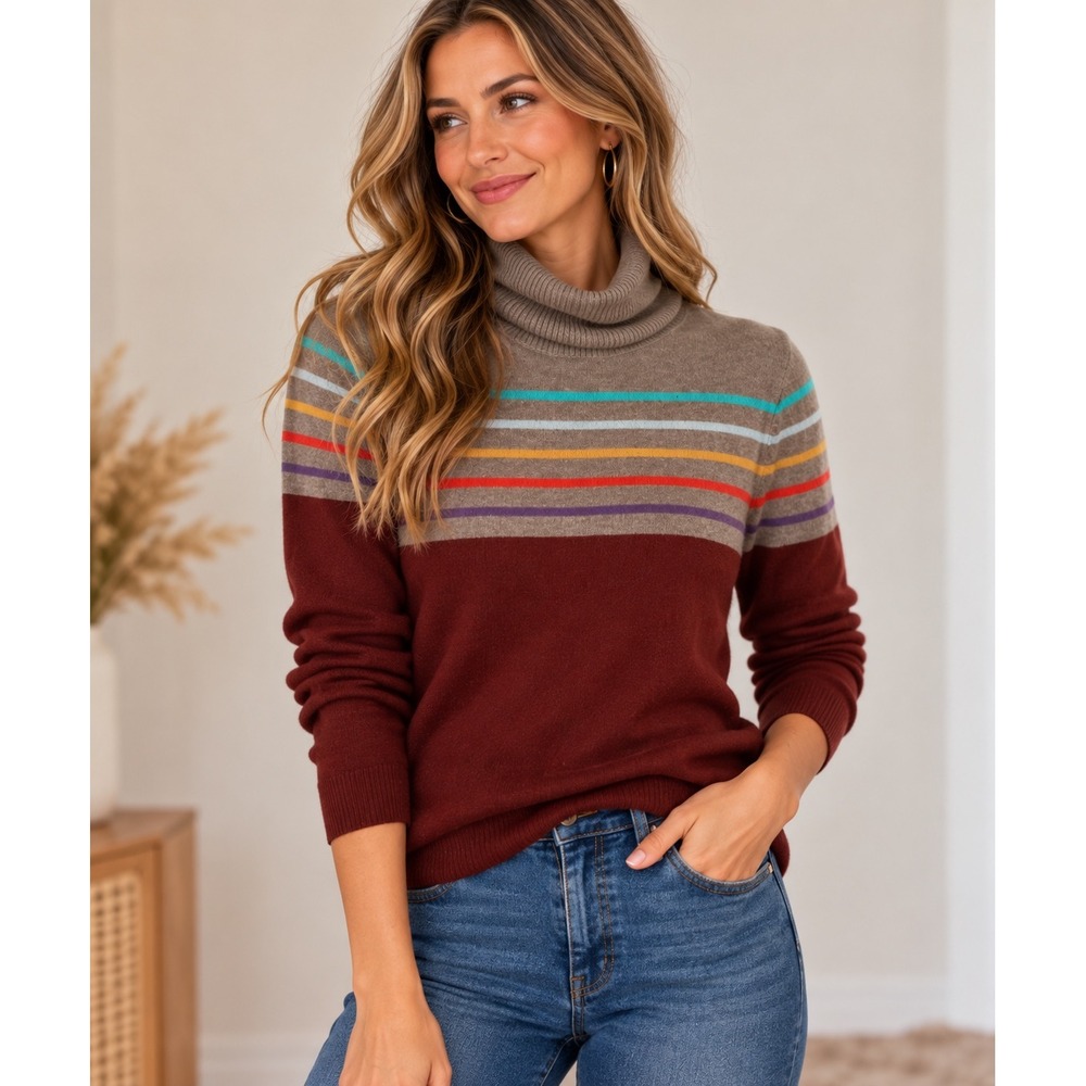 Lands End 100% Cashmere Turtleneck Brown Striped Sweater Minimalist Womens MT
